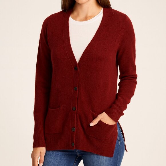 360Cashmere 100% Cashmere Burgundy Red Cardigan Sweater Medium Womens Soft Cozy - Picture 1 of 13